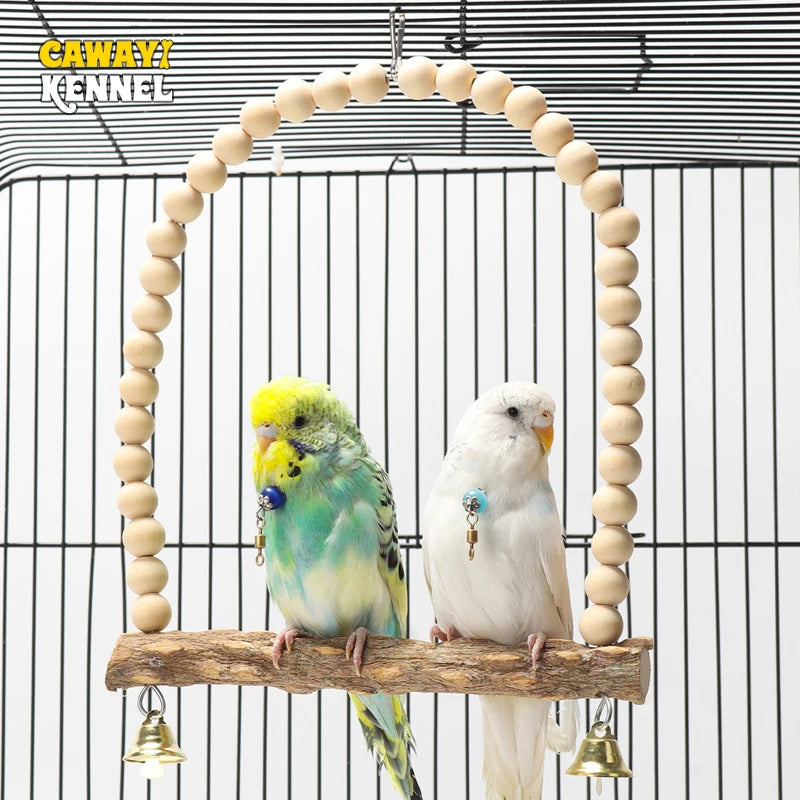 Wooden Bird Swings Training Toy with Hanging Bell for Cockatiels Parakeets Cage Accessories Birdcage Parrot Perch Stand Play Gym
