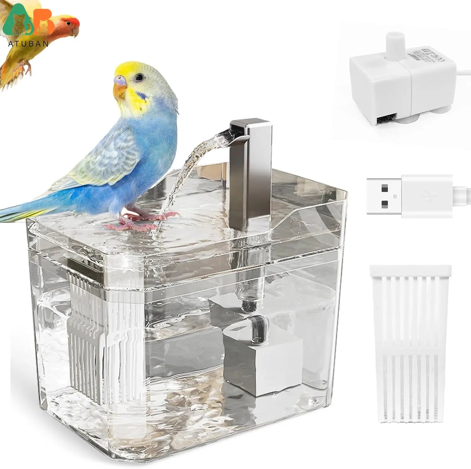 ATUBAN Automatic Parakeet Bird Bath with Pump, Bird Shower Fountain Indoor Bathtub with Running Water, Parrot Bath Tub Faucet