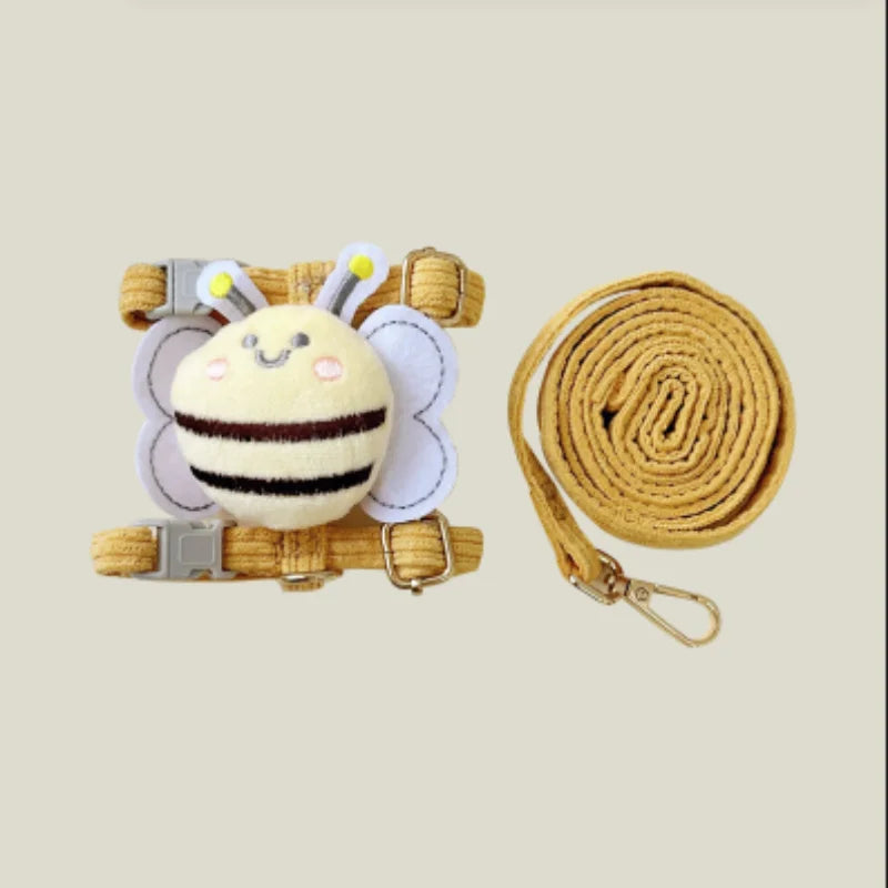 Cat Harness Leash Collar Set Adjustable Cartoon Bee Double Layer Dog Harness for Small Medium Pet Collar Leash Outdoor Walking