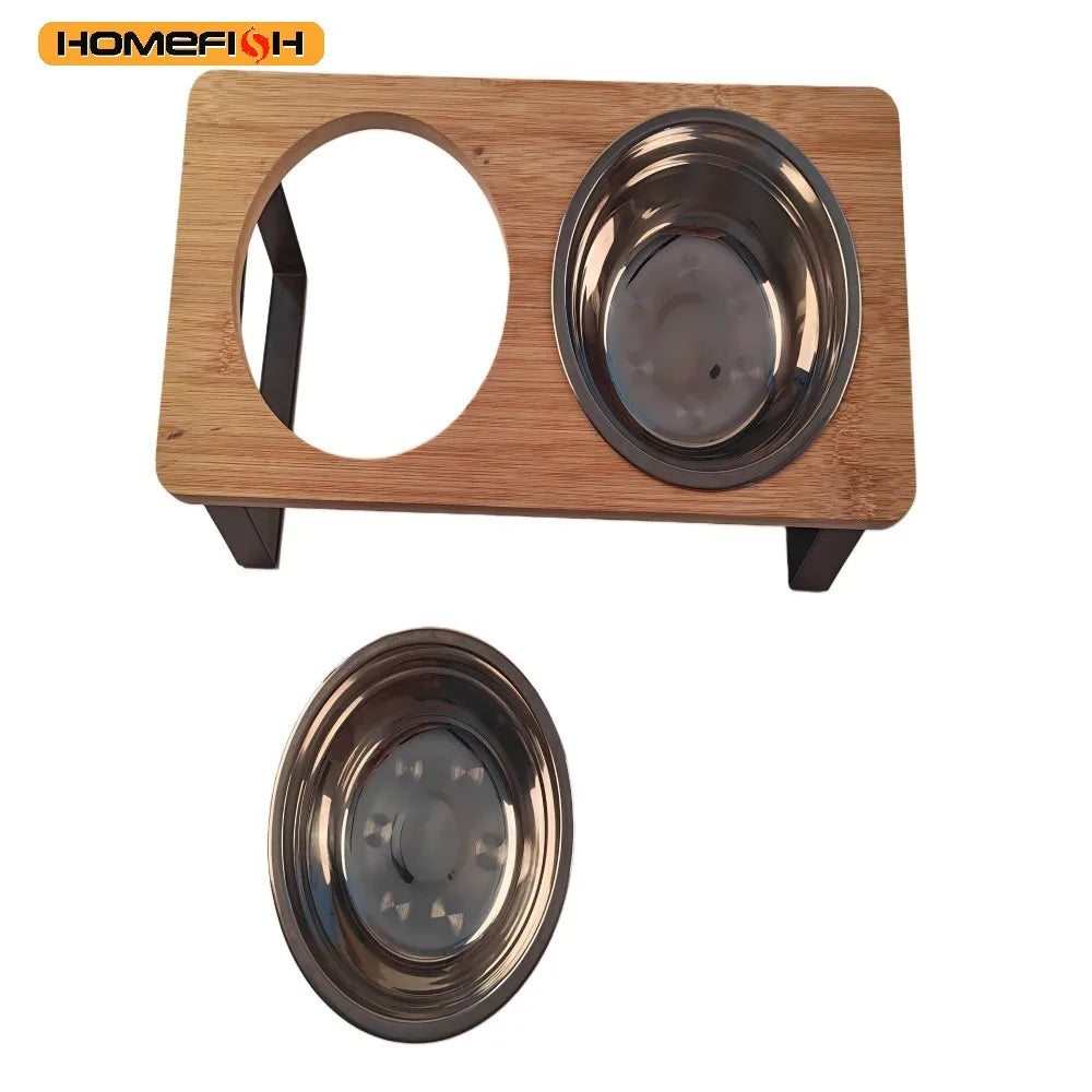 Elevated Cat Bowl Pet Feeder 15° Tilted Raised Cat Food Bowl with Wooden Base Includes 2 Stainless Steel Bowls Suitable for Cats